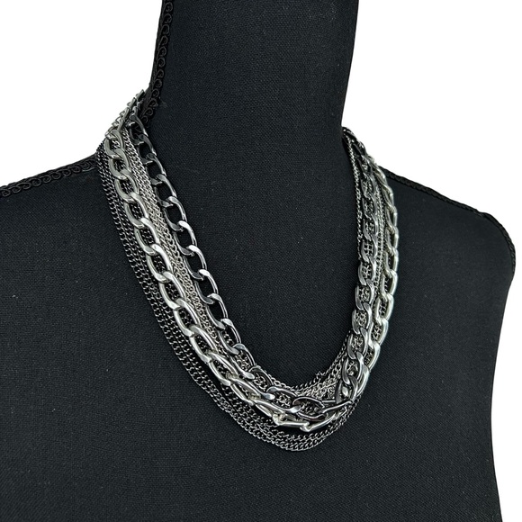 Layered Mixed Metal Chain Necklace Multi Strand Gunmetal Silver Edgy Punk Goth - Picture 13 of 15